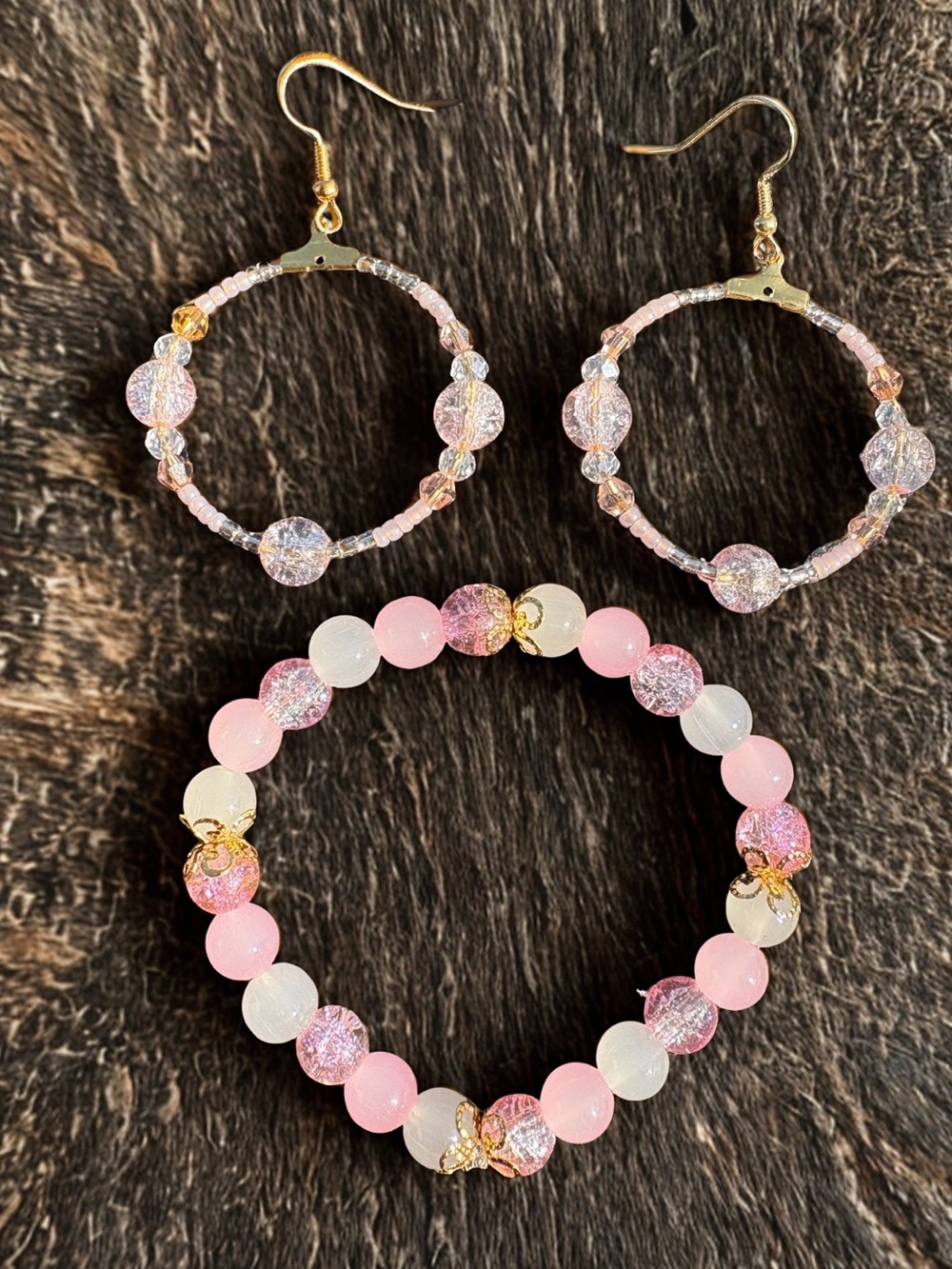 Blush Moon Earrings and Bracelet Set (pink and white)